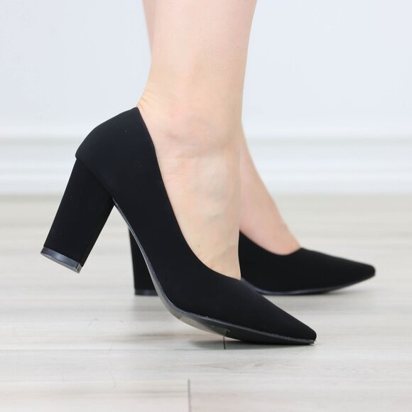 Classic Block High Heel Slip On Pointed Toe Pumps Black Nubuck - Picture 5 of 12
